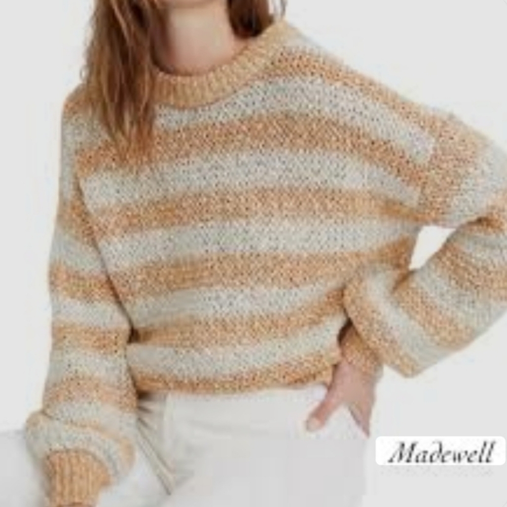 Madewell Women's Crew Neck Sweater - Cream and Tan Stripes Small